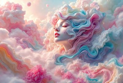 The primary subject of the image is a woman with long, flowing hair, who appears to be sleeping or resting. She is surrounded by a cloudy, pink and blue background, which adds a dreamy and whimsical atmosphere to the scene. The visual style of the image is digital art, as it is a detailed and intricate illustration of the woman. The colors and mood of the image are predominantly pink and blue, creating a sense of tranquility and serenity.